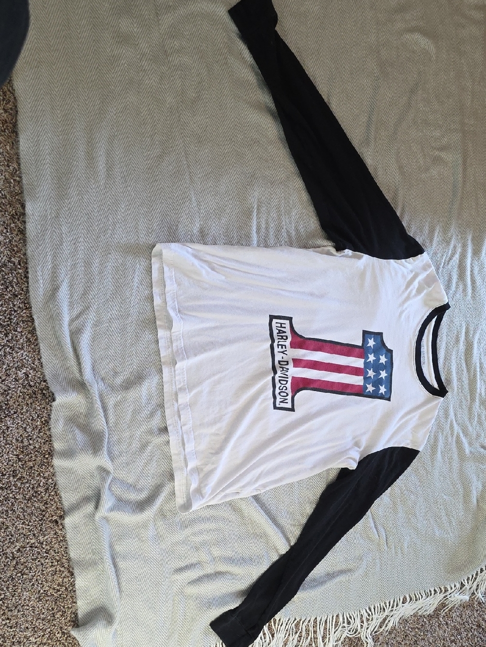 Harley-Davidson White Tee with Black Sleeves and Patriotic Graphic
